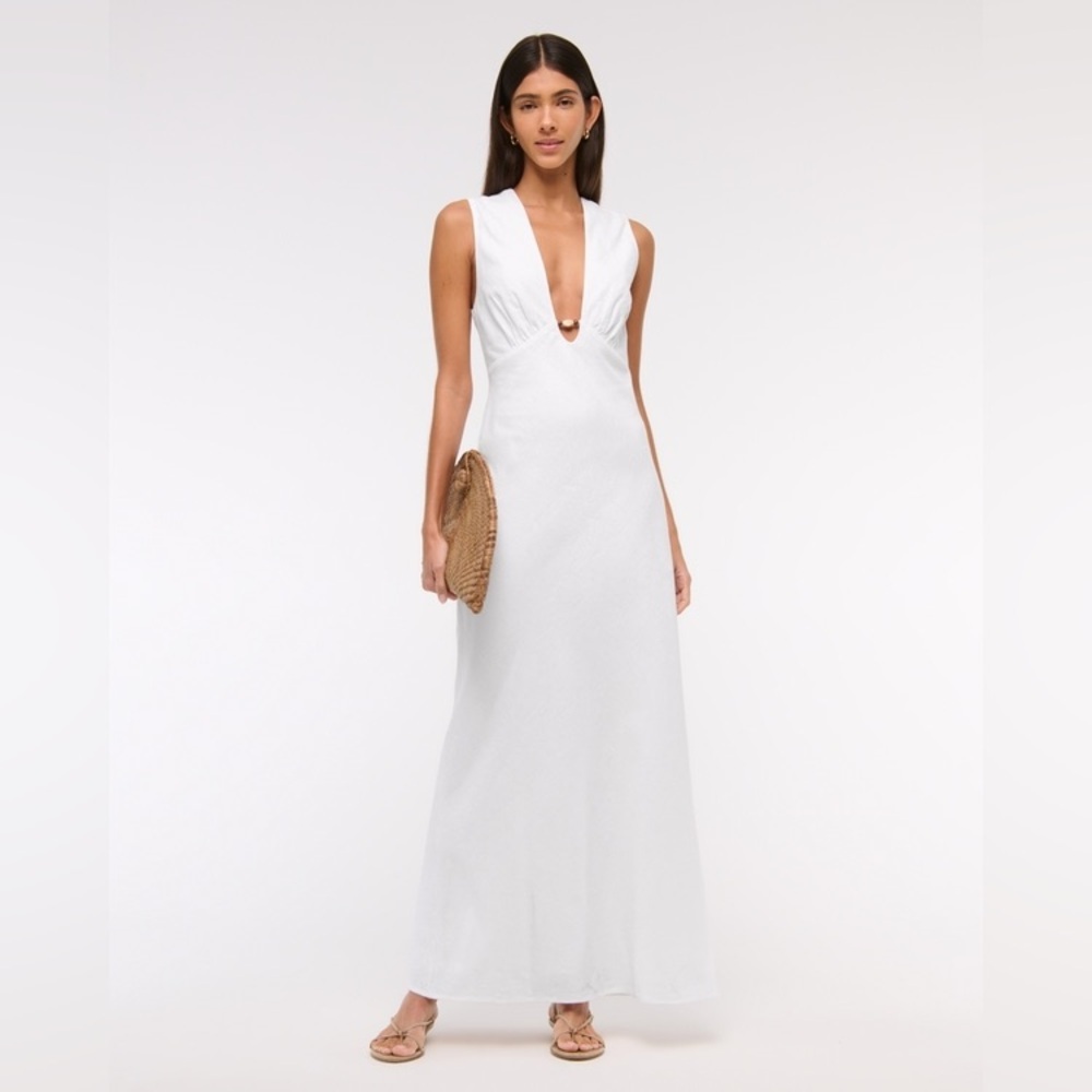 Abercrombie and Fitch Beaded Plunge Linen-Blend Maxi Dress NEW size XS
